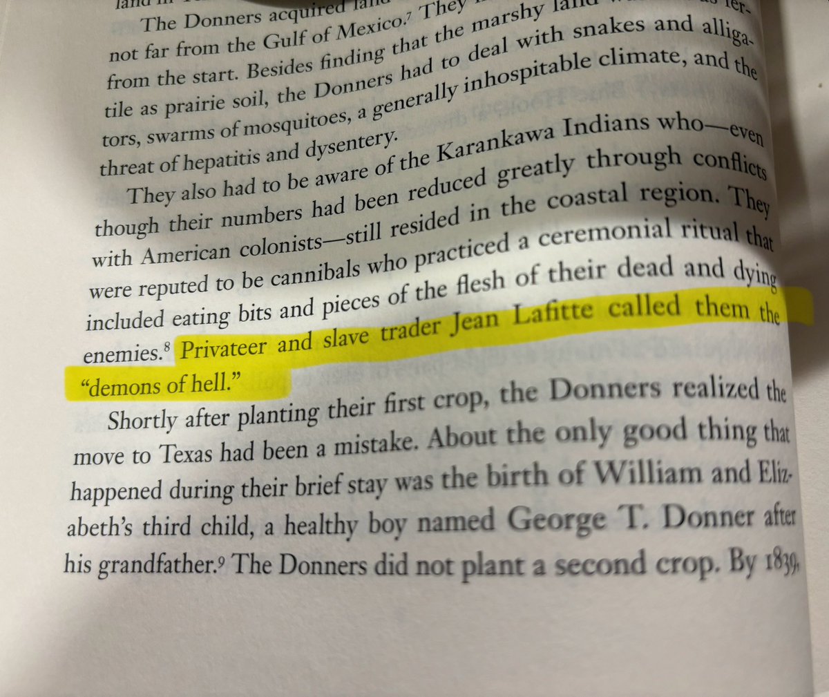 5:23 am. I’m sitting at work reading my book entitled “The Best Land Under Heaven. The Donner Party in the age of Manifest Destiny” by Michael Wallis and who do I read about? 👖🦶🦶 It makes me think of <a href="/OffhandDisney/">Offhand Disney</a> even though 👖🦶🦶 is not very nice.