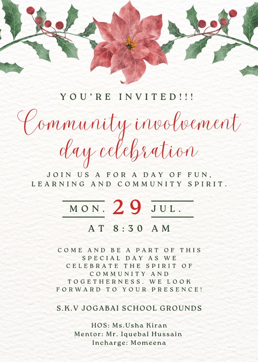 🎉 You're Invited! 🎉

✨Community Involvement Day Celebration🧑‍🤝‍🧑👭

Join us for a day of fun, learning, and community spirit!

Date: 29/07/2024
Time: 8:30AM
Venue: SKV. Joga Bai School (NFC),ID - 1925049
#Shiksha_Saptah
#Community_Involvement_Day_2024 
<a href="/Dir_Education/">DIRECTORATE OF EDUCATION Delhi</a> 
<a href="/SCERT2021/">SCERT Delhi</a>