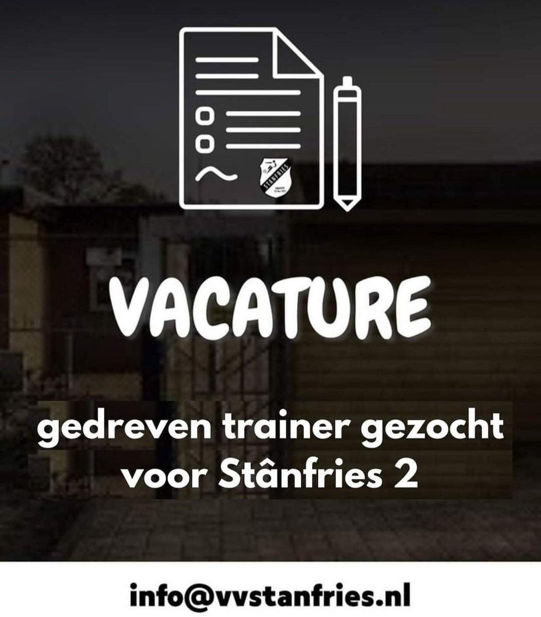 🤍Trainer gezocht voor zaterdag 2 selectie bij v.v. Stânfries🖤

Wij zijn op zoek naar een enthousiaste en gedreven trainer voor ons nieuwe 2de elftal. Wil jij deel uitmaken van een jong en ambitieus team bij Stânfries? Meer info voetbalnoord.nl of info@vvstanfries.nl