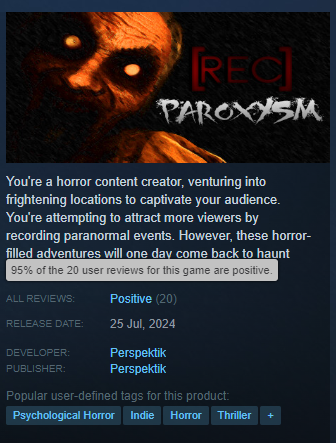 PerspektikGames's tweet photo. 📢📢REMINDER
[REC] Paroxysm reached 95% positive review rate on Steam within the first 3 days of its release. We are truly proud that you are interested in our game and that you enjoyed it. 
If you want to support us, please don’t forget to leave a review after purchasing the game 🙏

Best Regards
Perspektik