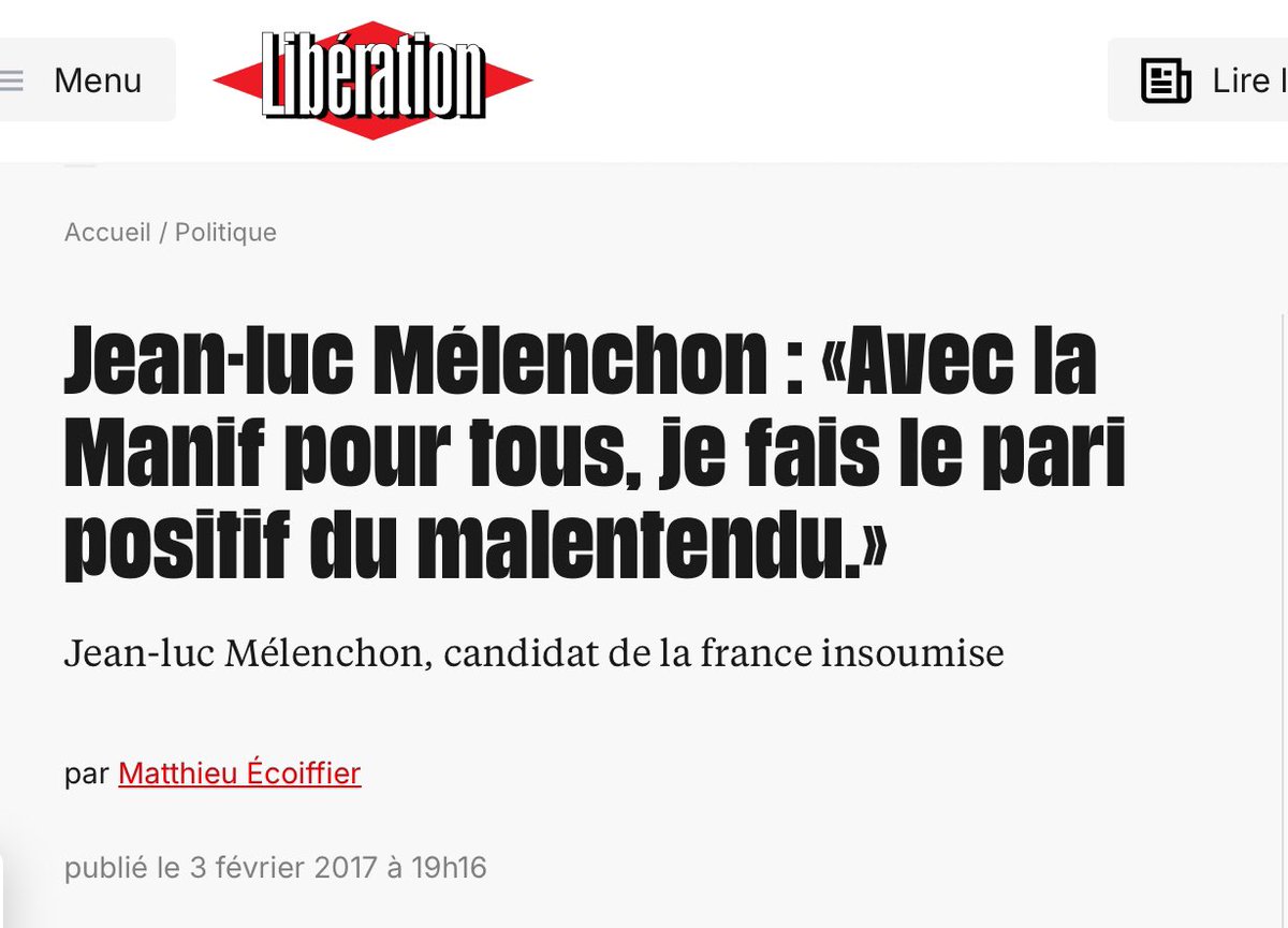 #Melenchon n’est pas un allié des #LGBTQIA. Déjà en 2017, il racolait les extrémistes de la manif pour tous dans <a href="/FChretienne/">Famille Chrétienne</a> en faisant le « pari positif du malentendu » à propos de l’ouverture du mariage aux couples homos. #CeneduChrist #OpeningCeremony

liberation.fr/politiques/201…