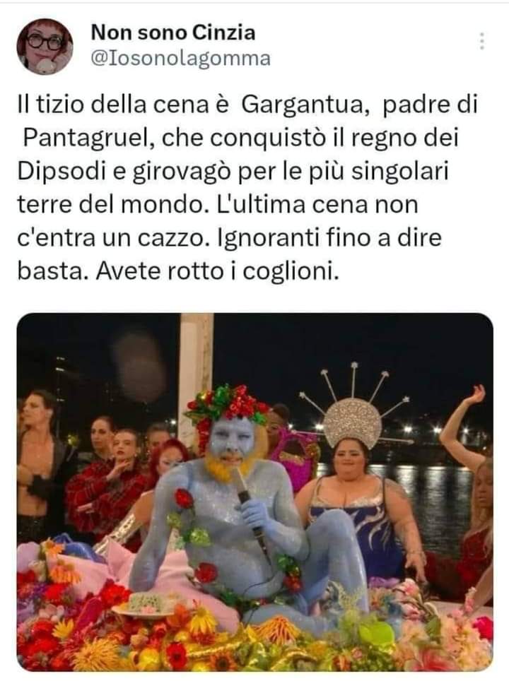 Olimpiadi

Ho visto in rete un po' di polemica su una immaginaria caricatura del Cenacolo di Leonardo durante la cerimonia di apertura dei giochi.

Poi ho visto che tutto deriva da un post del Truce, e tutto è diventato più chiaro.