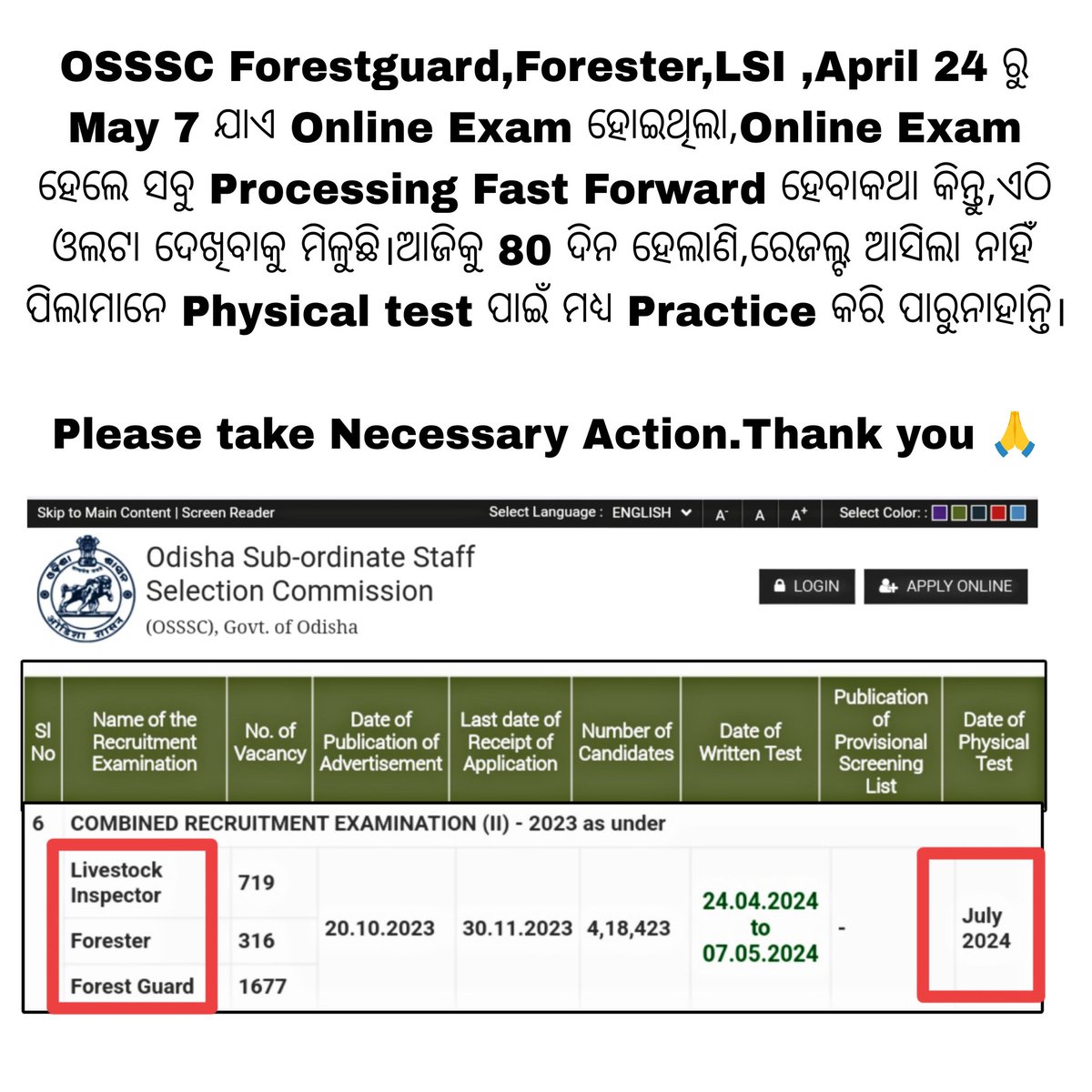 SuklaJiFamily's tweet photo. ସମ୍ମାନୀୟ ସାର୍ @saswatmishraIAS OSSSC FORESTGUARD, Forester,LSI ପଦବୀ ବାହାରିବା ୯ମାସ ବିତିଗଲାଣି ମାତ୍ର କେବଳ ପରୀକ୍ଷା ହିଁ ସରିଛି।Physical test,DV,Counselling ବାକି ଅଛି।ଯଥା ଶୀଘ୍ର ରେଜଲ୍ଟ ବାହାର କରିଲେ ପିଲାମାନେ physical practice କରନ୍ତେ।
ଆପଣଙ୍କୁ ବିନିତ ନିବେଦନ ଆପଣ ଏଥିପ୍ରତି ଦୃଷ୍ଟି ଗୋଚର କରିବେ। https://t.co/ZC3b109lbH