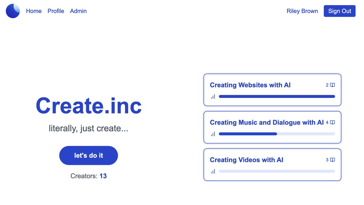 rileybrown's tweet image. Shell Complete of create dot inc!

My 14th day of sprint learning web development using AI.

completed
- back end collections (users, subjects, sublessons)
- sign in page set up 
- admin page set up
- in page edits for admins (signed in admins can add users, subjects, sublessons…