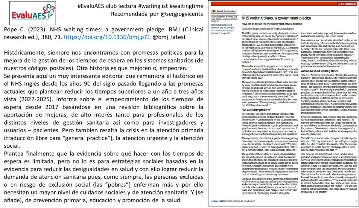 AESeconsalud's tweet photo. 📕 #EvaluAES reading club #waitinglist #waitingtime
recommended by @sergiogvicente
Pope C. (2023). NHS waiting times: a government pledge. BMJ (Clinical research ed.), 380, 71.
@bmj_latest
https://t.co/cXigUhDdYK https://t.co/llpHxNRCCF
