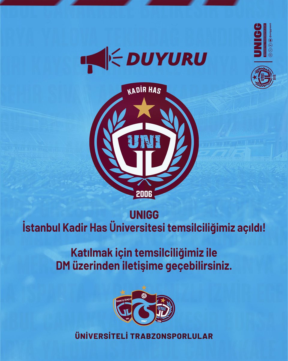 UNIGG İstanbul Kadir Has temsilciliğimiz açıldı.
Katılmak için temsilciliğimiz ile DM üzerinden iletişime geçebilirsiniz.
#DeplasmanFakültesi
#ÜniversiteliTrabzonsporlular