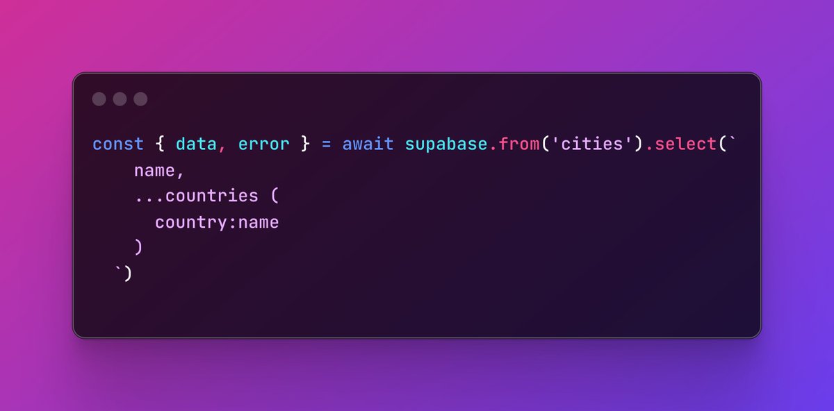 dshukertjr's tweet image. Wait! Supabase supports spread operators when making API requests!?
Yup, using the spread (...) operator, you can "flatten" the result of your query just like flattening objects in JavaScript 👍
#SupabaseTips