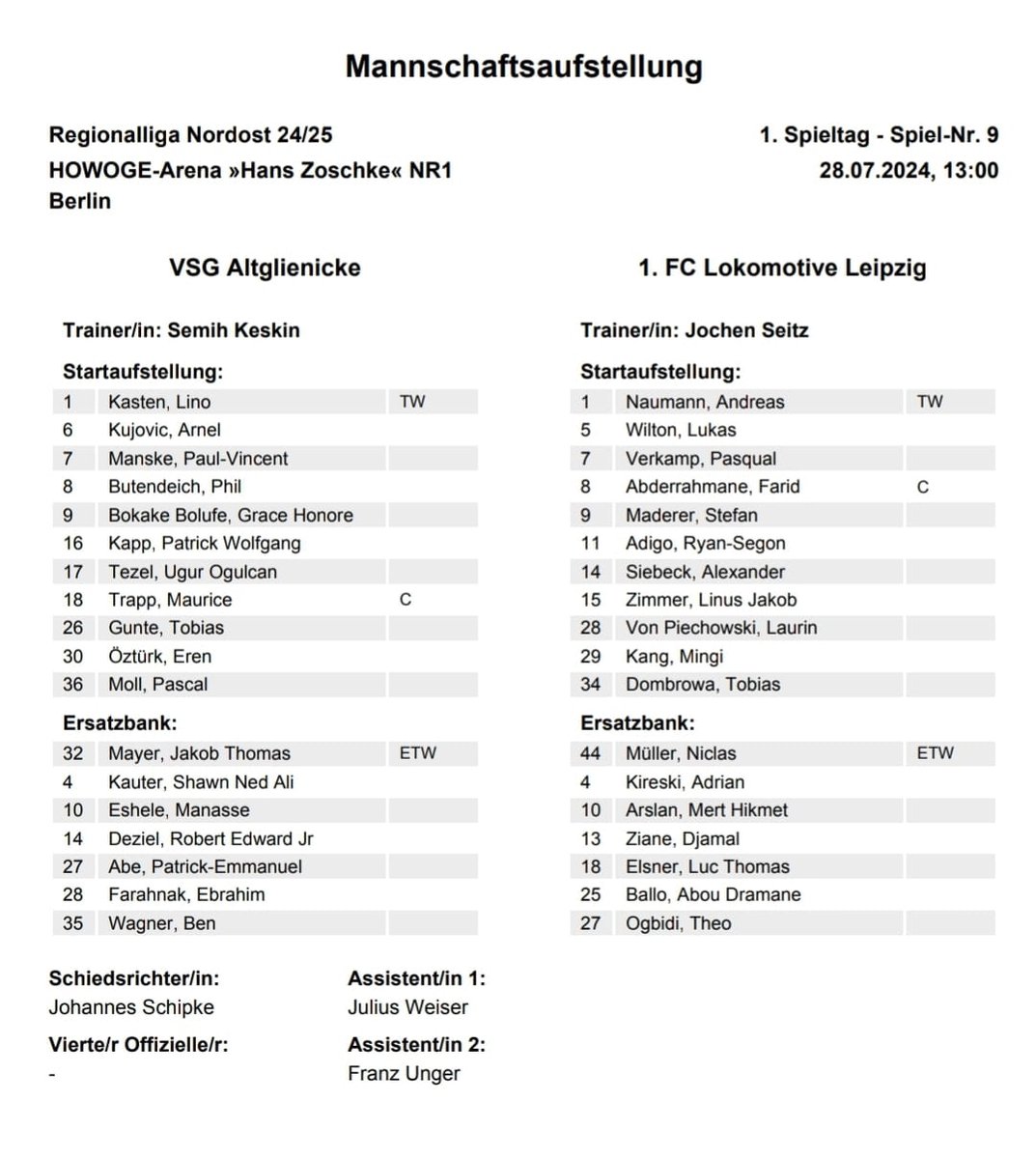 1fclokleipzig's tweet photo. DIE AUFSTELLUNGEN SIND DA 🥳

Mit dieser Startelf geht Jochen Seitz in sein erstes Spiel beim 1. FC Lok: 

#VSGLOK #lokleipzig https://t.co/BNFjHS964d
