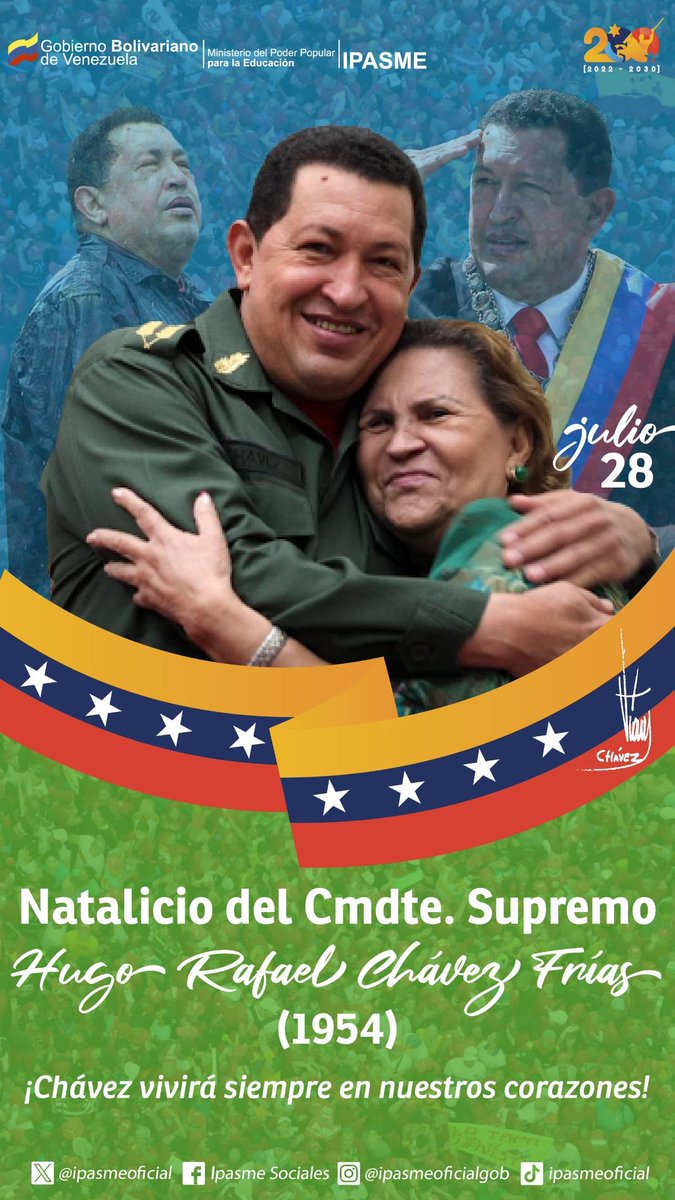 #28Jul <a href="/IpasmeOficial/">Ipasme Oficial</a> Conmemoramos el natalicio del Gigante, el Padre de la Revolución Bolivariana. Feliz Cumpleaños Presidente Chávez. Tu pueblo celebra tu figura y tu legado.
#ElIpasmeEstáContigo
#VotaPorLaPaz2024 
<a href="/NicolasMaduro/">Nicolás Maduro</a> 
<a href="/_LaAvanzadora/">Yelitze Santaella</a> 
<a href="/laraydv/">Yessenia Lara</a>