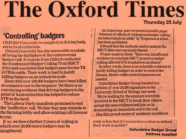 “Oxford University is complicit in driving badgers to local extinction”

<a href="/OxonBadgers/">Oxon Badgers</a> <a href="/euro_badger/">Euro_badger</a> <a href="/BadgerCrowd/">TheBadgerCrowd</a>