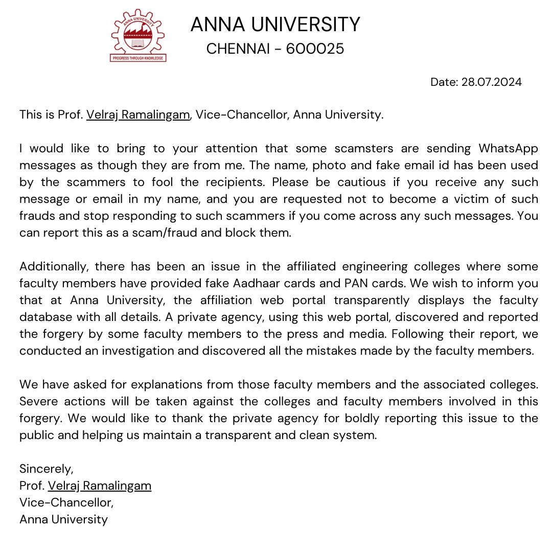 auvcochennai's tweet photo. ANNA UNIVERSITY VICE-CHANCELLOR'S MESSAGE

#VCmessage
#vicechancellormessage
#fakemessages
#forgerybysomeaffiliatedcolleges
#fakepancardandaadharcard https://t.co/YJXSSIjfUr