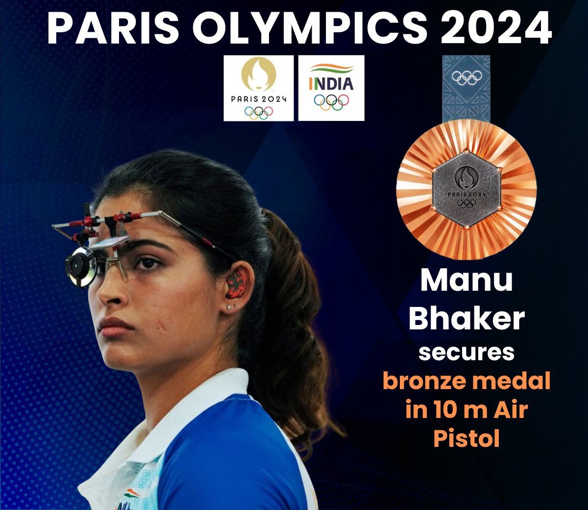 rgoyal12's tweet photo. #ManuBhaker clinches Bronze, and becomes the first Indian woman to win an Olympic shooting medal🥉

#India opens its account at the #ParisOlympics2024 

#BronzeMedal #Paris2024    #OlympicGames https://t.co/hjuGLpF13r