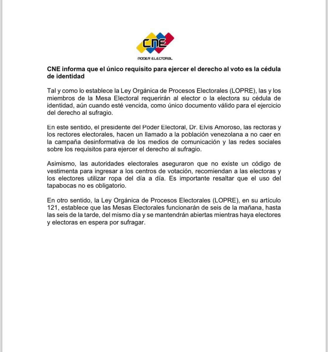Información del Consejo Nacional Electoral en referencia al uso del tapabocas. No es obligatorio su uso: el único requisito para votar es su cédula de identidad. #LaHoraDeVenezuela #28Jul