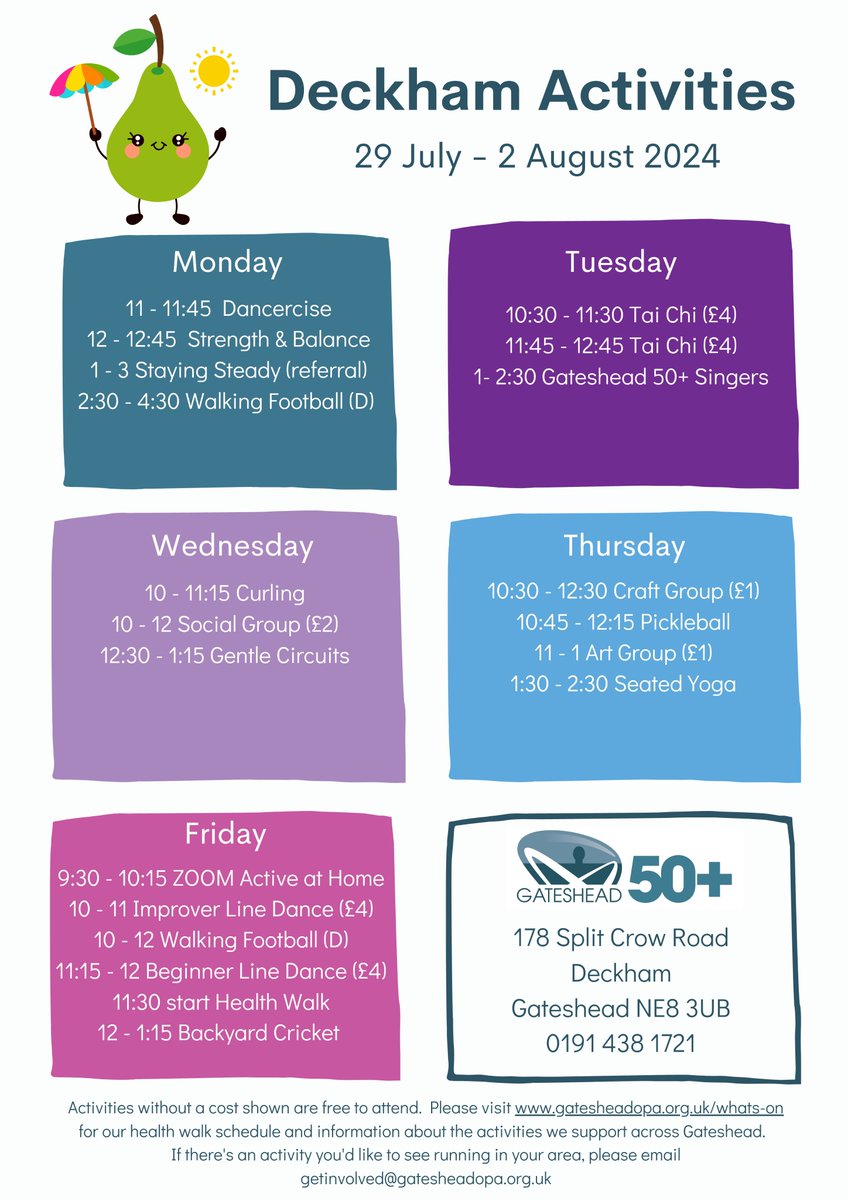 Here's this week's Deckham schedule. Twenty opportunities to meet new people, keep fit, and have fun! 😊

🌟 Please note that GetLow classes will resume 14 August. 

For other activities for over 50s in Gateshead: gatesheadopa.org.uk/whats-on/gates…