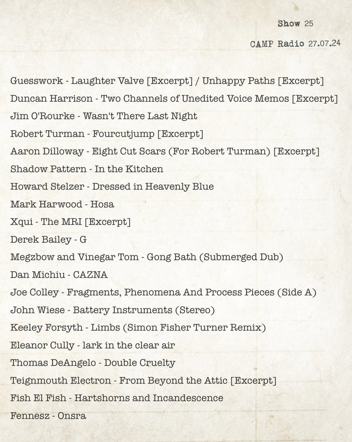 Listen again: Lapsus memoriae | <a href="/heavycloudhaze/">Ryan</a> (27 July)

Playing tracks by Guesswork, Gueswork, Duncan Harrison, Jim O'Rourke, Robert Turman and more.

mixcloud.com/camp_fr/lapsus…