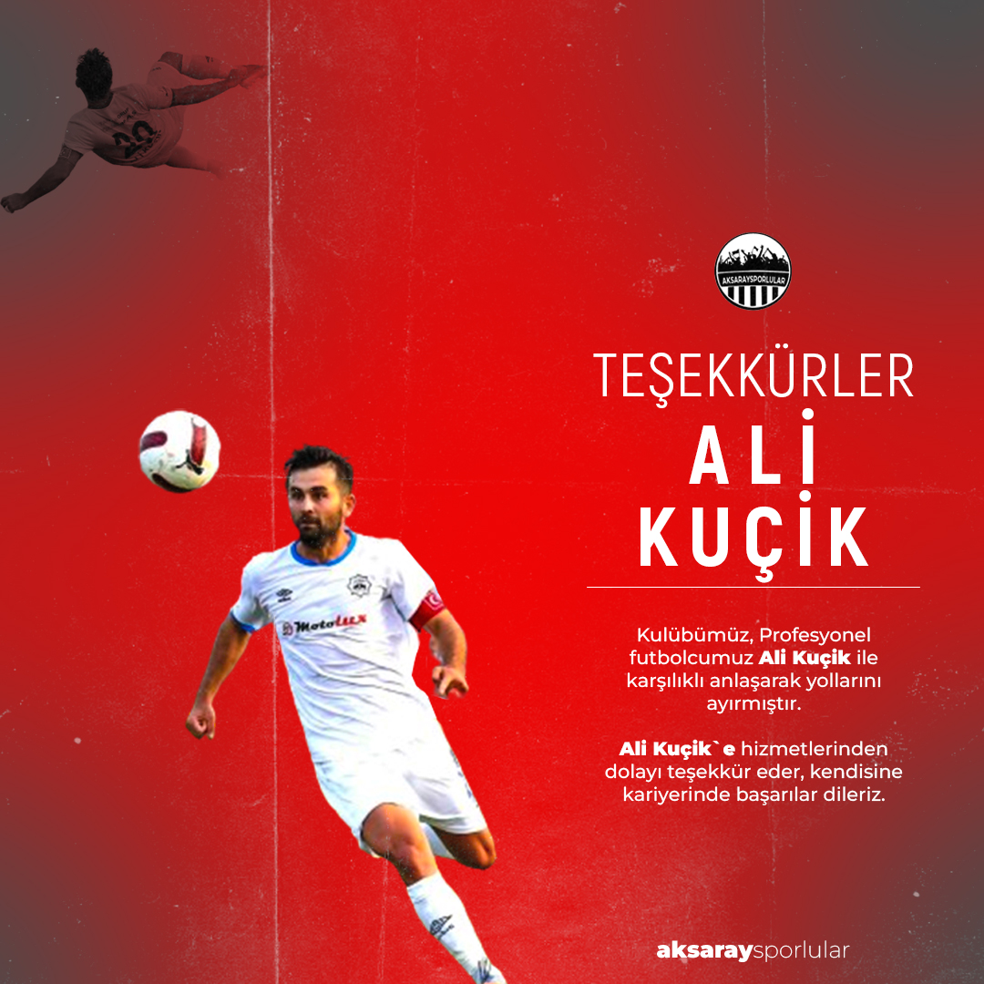 Kulübümüz, Profesyonel Futbolcumuz Ali Kuçik ile karşılıklı anlaşarak yollarını ayırmıştır. 

Kendisine hizmetlerinden dolayı teşekkür eder, kendisine kariyerinde başarılar dileriz.