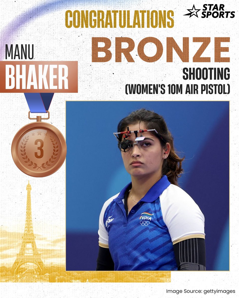 StarSportsIndia's tweet photo. 𝐅𝐢𝐫𝐬𝐭 𝐦𝐞𝐝𝐚𝐥 𝐟𝐨𝐫 𝐈𝐧𝐝𝐢𝐚 in the Olympic Games Paris 2024 🇮🇳

22-year-old @realmanubhaker etches her name in the history books ending the 12-year medal drought in shooting in the Olympic games 🫡

First Indian woman shooter to win an Olympic medal 😍

#OlympicGames  #IndiaAtOlympics #Cheer4Bharat #Shooting #ManuBhakar