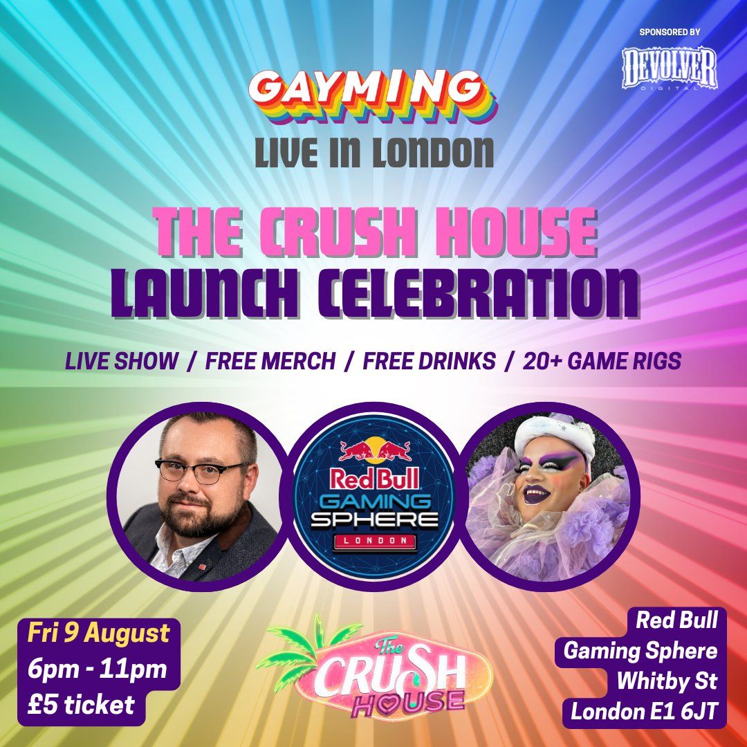 gaymingmag's tweet image. Get down to the @TheCrushHouse Launch Celebration, sponsored by @devolverdigital!

Don’t miss this interactive game show with exclusive interviews, playable games, free drinks and free merch!

📅 9th Aug
📍 Red Bull Gaming Sphere, London 
🎟️ buff.ly/459JrYF