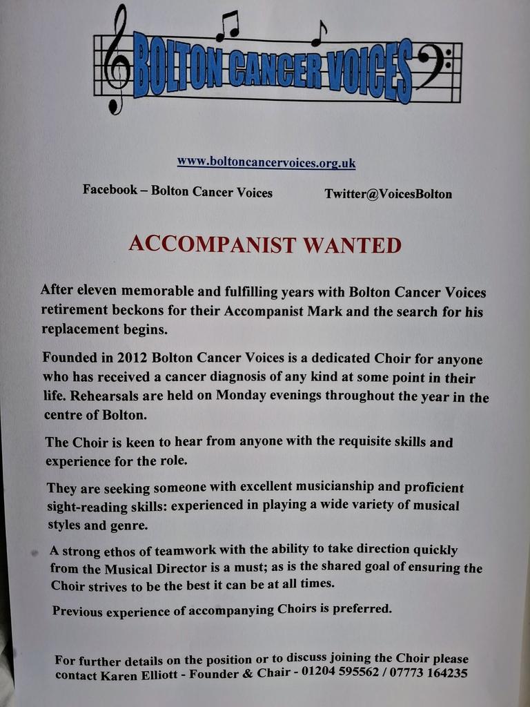 PLEASE KINDLY REPOST 

Our lovely Choir needs a new Accompanist 🎹 &amp; we need help to spread the word please.

Thank you 😊