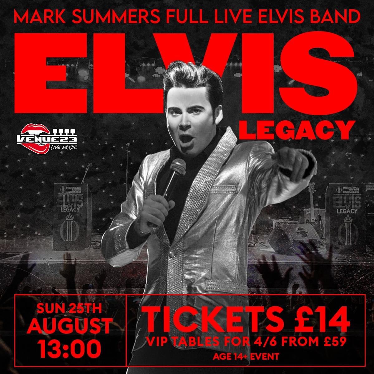 Get ready for a spectacular evening as the incredible Mark Summers returns to Venue23 with his live band for ELVIS LEGACY! 🎸👑

On Sunday 25th August, experience the magic of the U.K’s number one Elvis tribute show.
Tickets from £14 👉 ticketsource.co.uk/whats-on/wakef…