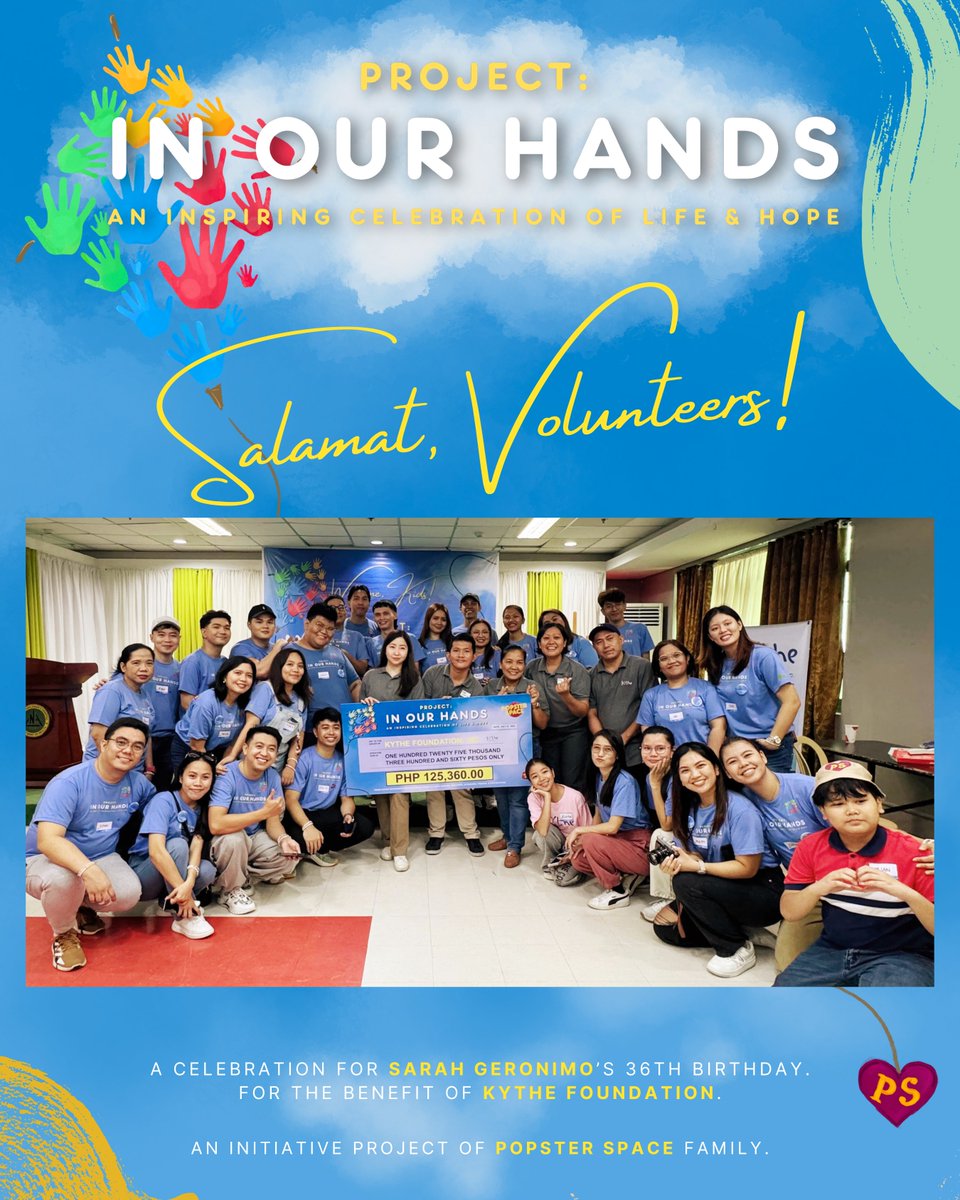 Muli, mula sa Popster Space Family,

MARAMING SALAMAT PO SA INYONG LAHAT! 🌻

Salamat sa mga buong pusong nagtiwala at sumuporta sa proyektong ito. #ProjectInOurHands

Higit sa lahat, Thank You Lord!🤍

#KytheFoundation #KytheXPopsters #POPSTERSPACE
#SarahGeronimo <a href="/JustSarahG/">Sarah Geronimo</a>