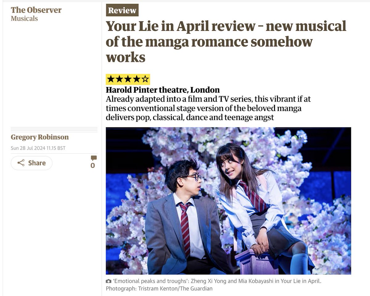 kevin wilson (@kevinwi23131722) on Twitter photo ⭐️⭐️⭐️⭐️ for <a href="/YourLieMusical/">Your Lie In April: The Musical</a> from The Observer!
theguardian.com/stage/article/… ⭐️⭐️⭐️⭐️ for <a href="/YourLieMusical/">Your Lie In April: The Musical</a> from The Observer!
theguardian.com/stage/article/…