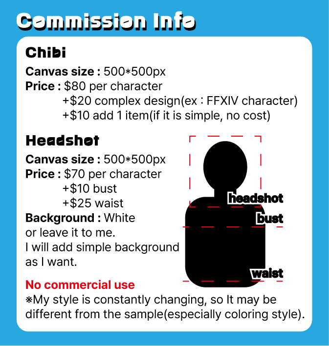 kra_'s tweet image. My new commission info~!! Maximum amount of additional cost for complex design is $20, Actual additional cost will depend on the design.