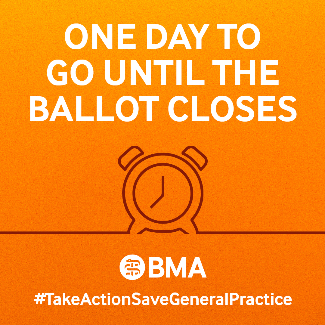 BMA_GP's tweet image. As a GP contractor/partner in England and a BMA member, your vote to #TakeActionSaveGeneralPractice counts! 
You only have one day left before the ballot closes at MIDDAY on 29 July. 
bma.org.uk/our-campaigns/…
