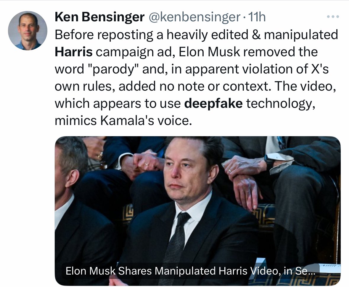 Posting a video that shows Harris saying politically damaging things she never said, without making it very clear it's a parody, seems like the definition of defamation.