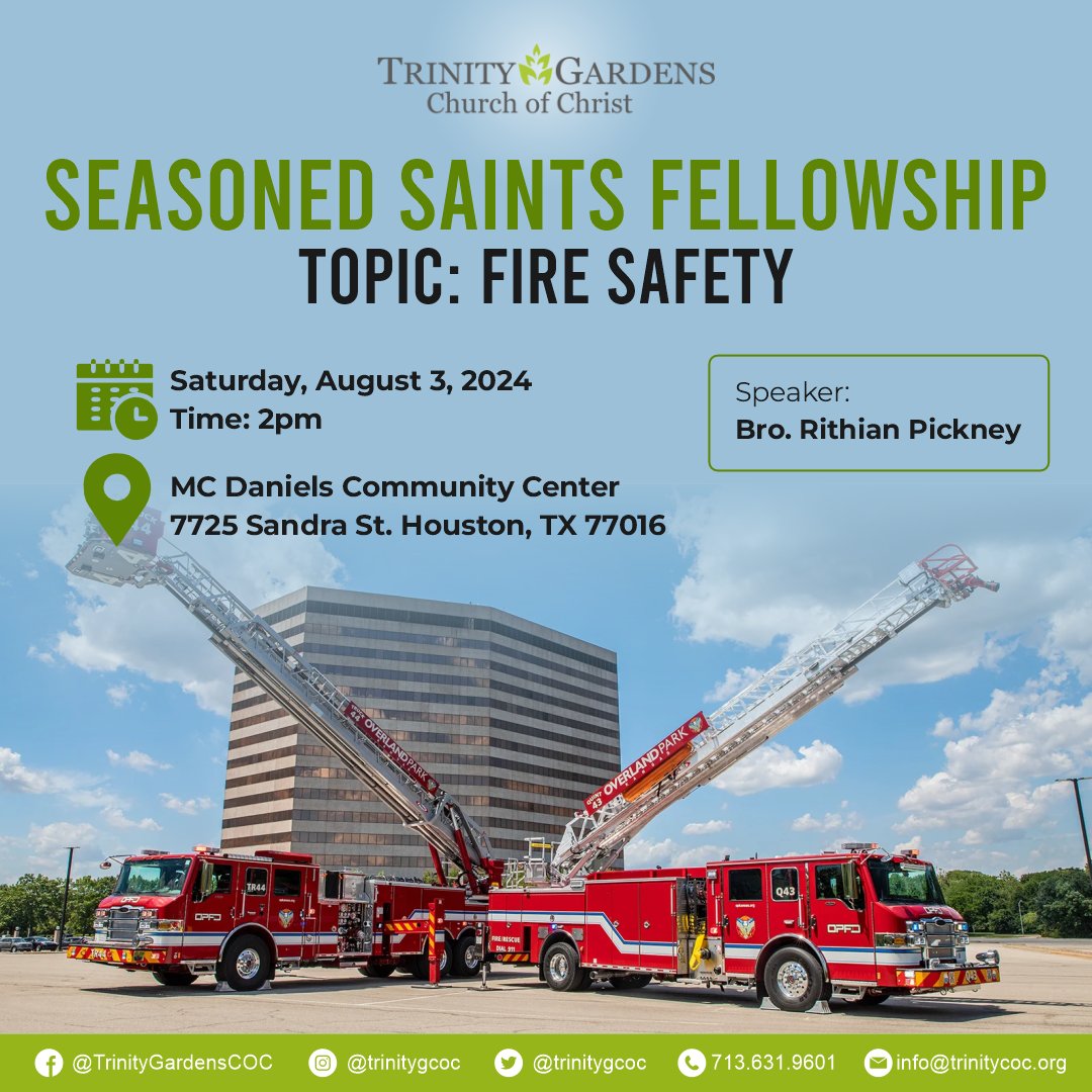 TrinityGCOC's tweet image. Seasoned Saints and family, come out and get an expert lesson on fire safety from Bro. Rinthian Pinkney, a professional firefighter! #education #firesaftey #seasonedsaints