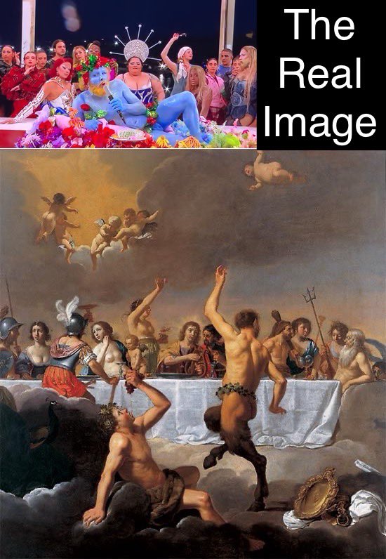 Surjamos's tweet image. Esta escena no fue una burla a la Última Cena, realmente fue una representación de La fiesta de los Dioses de Jan Van Bylert. Sodoma y Gomorra, Juegos Olímpicos.