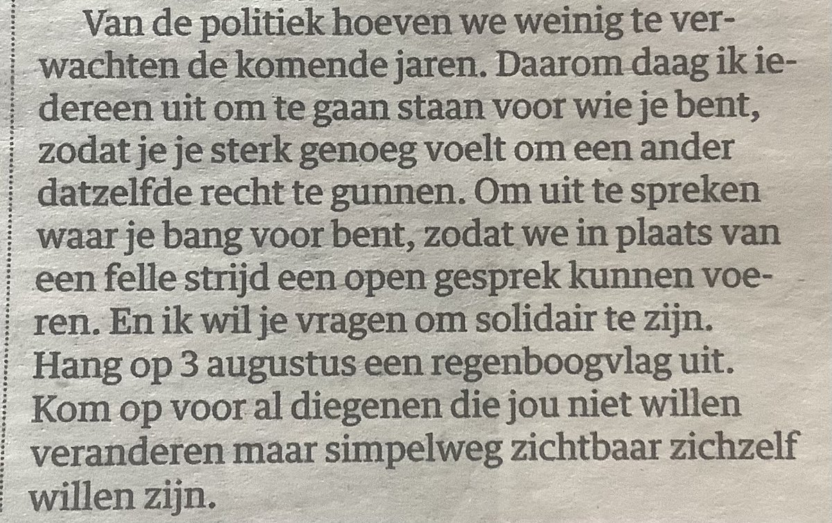StevenArisz's tweet photo. Mooie woorden van Sonja Alferink in @nrc die uitnodigen tot - nadenken en - ’n open gesprek en solidariteit.

Het gaat erom dat je niet alleen jezelf maar ook anderen de ruimte gunt om zichzelf te kunnen zijn en zich zo te kunnen uiten. Ook als je daar misschien moeite mee hebt. https://t.co/mKXyx99Dch