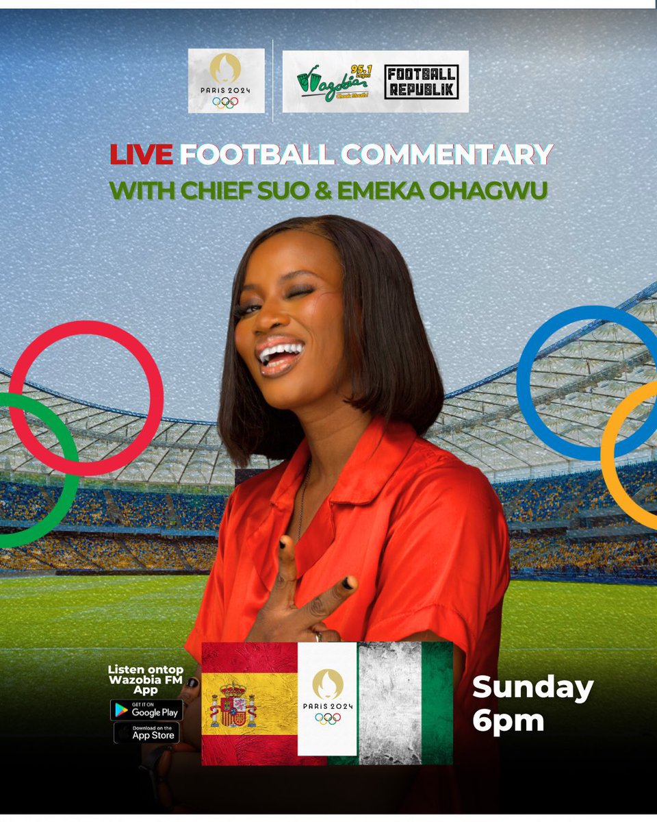 OfficialSuo's tweet image. Stoked to be your #OfficialPidginCommentator as the Super Falcons 🇳🇬 go up against World Champions Spain 🇪🇸 for a Match Day 2 cracker! 

#footballrepublik951 #PARIS2024  #OlympicGames #EnergyChief #ChiefSuo #Kpoko🧡