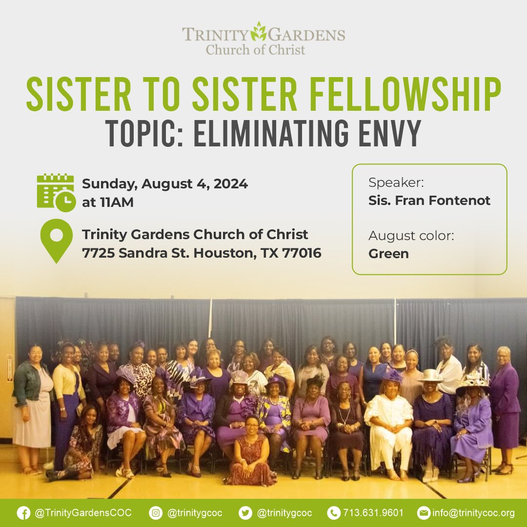 TrinityGCOC's tweet image. Ladies, remember to wear green this Sunday saw we learn about eliminating envy! Let's come together in fellowship and devotion as Fran Fontenot shares her insights on this relevant topic #greenwithenvy #ladiesdevotion #Fellowship