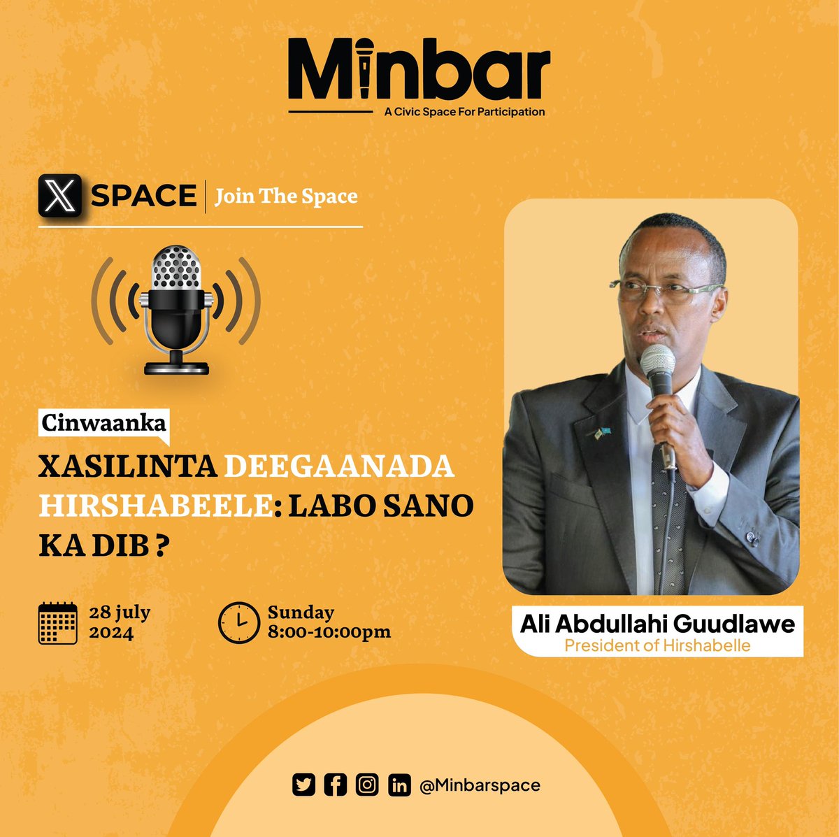 RahmaBintGuliye's tweet photo. Join us tonight at @minbarSpace the President of Hirshabelle state H.E. @GudlaweHussein will be talking about the two years stabilization in Hirshabelle districts. https://t.co/q4pN5Hv8a7