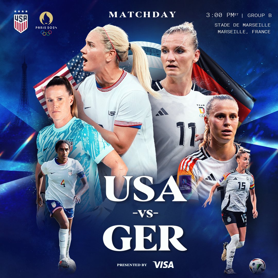 USWNT's tweet image. Bonjour, it's Matchday in Marseille!!! 

Paris 2024 Olympics, Group B

🇺🇸USA vs Germany 🇩🇪

3 PM ET
📍 Marseille, France

📺 USA Network / Telemundo
💻 Peacock

Match Preview » ussoc.cr/24OlyUSAvGER

#USWNT x @Visa