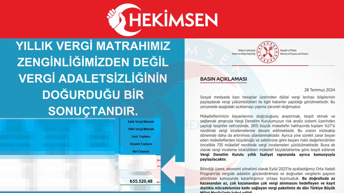 🚩Hazine ve Maliye Bakanlığı, sosyal medyada dolaşımda bulunan ve büyük şirketlerin vergi ödemediğini gösteren belgeleri doğruladı ve çalışma yapılacağını bildirdi.
ŞİMDİ SORUYORUZ ? ADALETİ NASIL SAĞLAYACAKSINIZ ?
👉4924 statüde çalışan bir uzman hekimin vergi dilimi %35 oldu ve