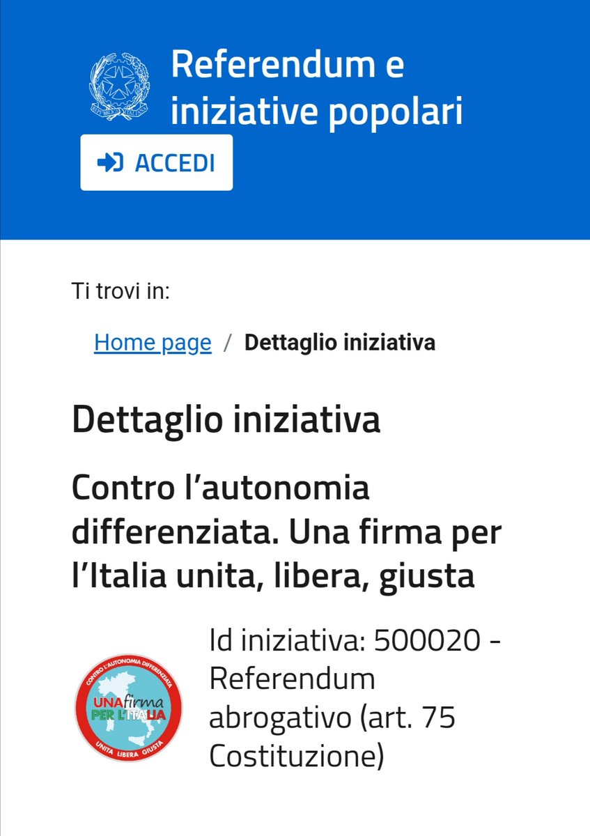 COMBATTI PER I TUOI DIRITTI FIRMA CONTRO L'AUTOMOMIA DIFFERENZIATA, L'INDECENTE TENTATIVO DELLE REGIONI DEL NORD DI TRATTENERE LA Ricchezza DERUBATA AI MERIDIONALI.
ORA PUOI FARLO ANCHE ON LINE. QUI SOTTO IL LINK
pnri.firmereferendum.giustizia.it/referendum/ope…
