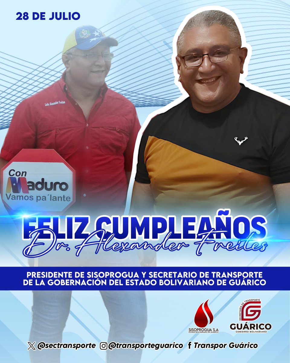 ¡Feliz cumpleaños jefe Dr. Alexander Freites! 🥳

Hoy celebramos un año más de vida del Secretario de Transporte de la Gobernación del estado Bolivariano de Guárico y presidente de Sisoprogua Dr. Alexander Freites 🎉🎂 

#ConductoresDeEsperanza 
#TransporteGuárico
