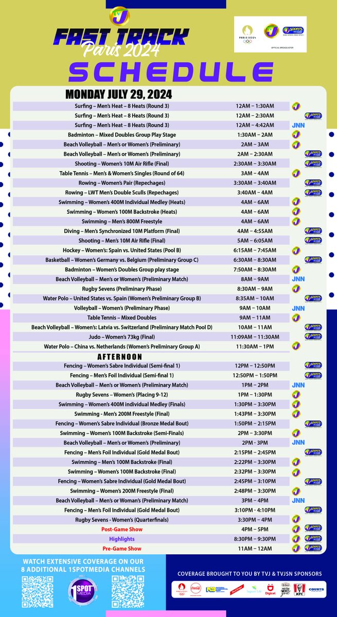 Monday's Olympic broadcast schedule for TVJ, TVJSN and JNN.