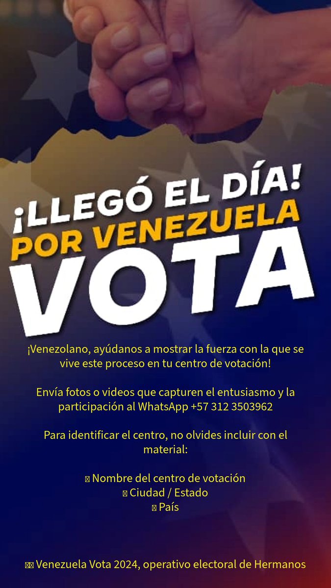 pjespana's tweet photo. ¡Venezolano, ayúdanos a mostrar la fuerza con la que se vive este proceso en tu centro de votación!

Envía fotos o videos que capturen el entusiasmo y la participación al WhatsApp +57 312 3503962

Para identificar el centro, no olvides incluir con el material: https://t.co/sWJVI1x97d