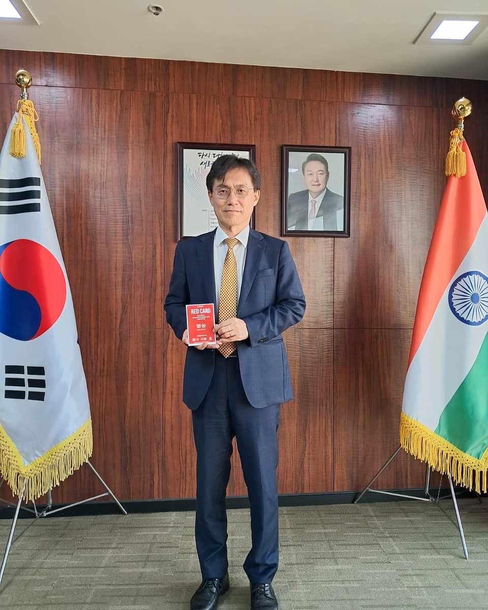 YUCIindia's tweet photo. Thrilled to announce Mr. Chang-nyun Kim, Consulate General of South Korea in Chennai, has joined our #RedCardCampaign He raised the red card to end discrimination & violence against women & girls. A huge step towards a safer world! #UnitedNations #yuci #EndVAW #yuciindia #Korea https://t.co/u1awTkAG0e
