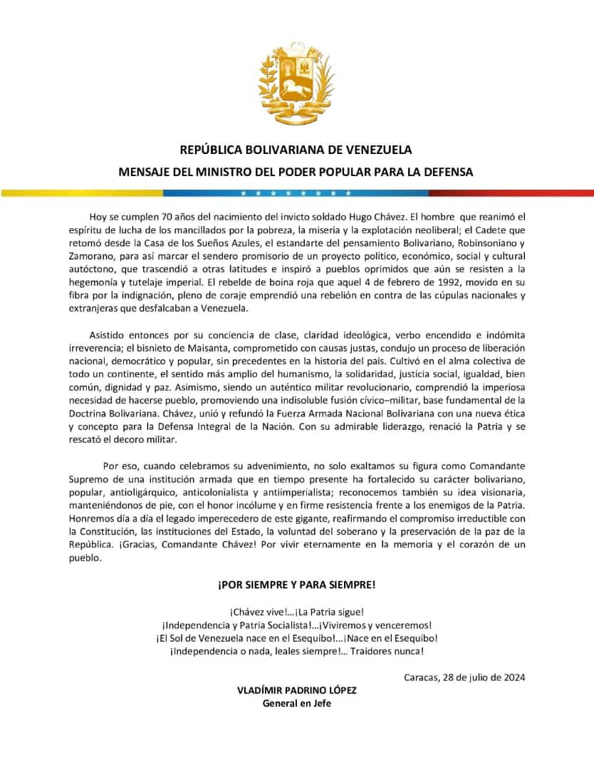 📄 #Importante || Mensaje del GJ Vladímir Padrino López, en ocasión de celebrarse el 70° aniversario del natalicio de Hugo Rafael Chávez Frías, Comandante Supremo de la Revolución Bolivariana.
Enlace: acortar.link/wP5QZg