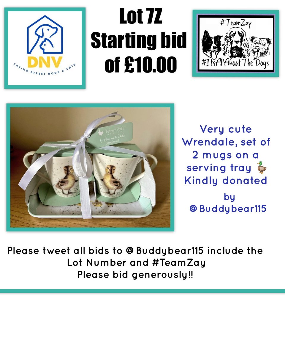 Nightowl400's tweet image. Lot 7Z

Kindly donated by @Buddybear115

Starting bid of £10.00 please 🙏 

Wrendale set, 2 mugs and tray with cute duckling design 🦆

Please Tweet all bids to @Buddybear115 include the Lot Number and #TeamZay 
Please bid generously 🙏