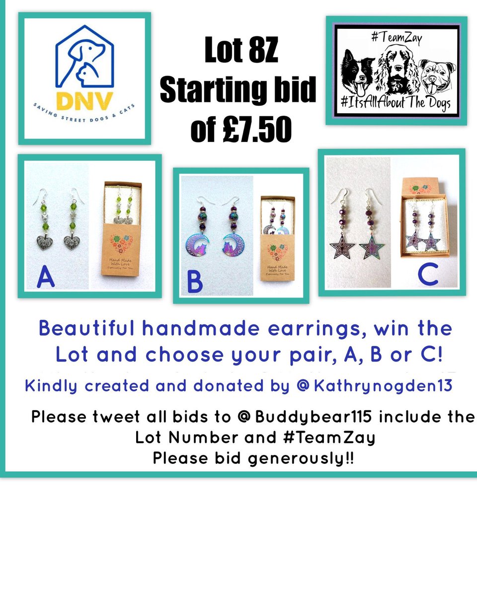Buddybear115's tweet image. Lot 8Z Is a choice of either A, B or C beautiful handmade earrings very kindly created and donated by @KathrynOgden13 starting bid of £7.50 per set please #TeamZay @DNVSaveanimals ❤️