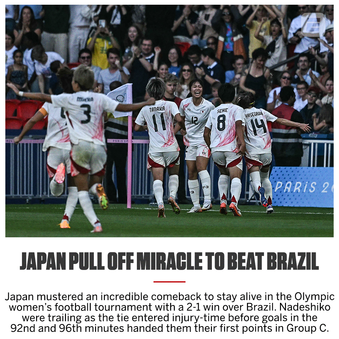 Simply incredible.

A stunning last-gasp fightback from 🇯🇵 Japan has seen them defeat 🇧🇷 Brazil to stay alive in the <a href="/Olympics/">The Olympic Games</a> ⚽️ women's football tournament! #Olympics #Paris2024