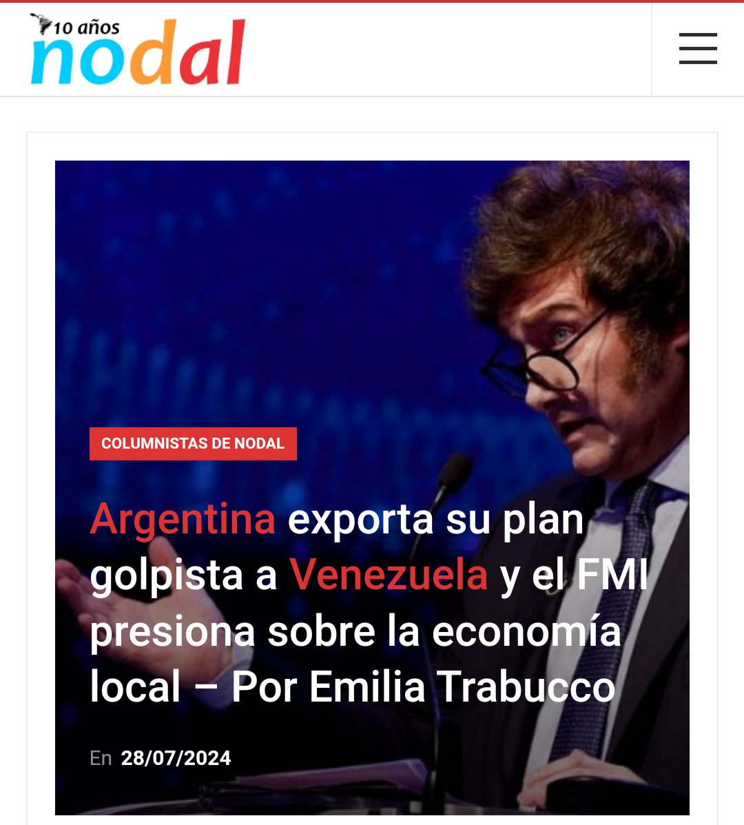 En #Venezuela se juega el destino de la región.

El gobierno de Argentina exporta su plan golpista,  mientras el pueblo venezolano celebra su proceso democrático en paz

✍🏼Lee nuestra nota de <a href="/CLAELAT/">CLAE</a> para <a href="/InfoNodal/">Nodal</a>

nodal.am/2024/07/argent…

#VotaPorLaPaz2024 #28Julio2024