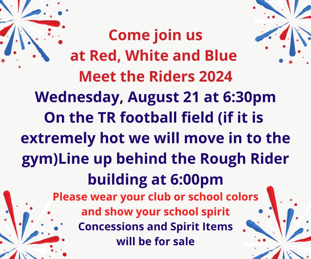•Roosevelt Dance• (@tr_dance) on Twitter photo Get ready to support the Riders and kick off the school year in the right way! Come to the TR Red White and Blue - Meet the Riders! <a href="/WeAreTRHS/">Theodore Roosevelt High School - NEISD</a> <a href="/NEISDFineArts/">NEISD Fine Arts</a> <a href="/NEISD/">North East ISD</a> Get ready to support the Riders and kick off the school year in the right way! Come to the TR Red White and Blue - Meet the Riders! <a href="/WeAreTRHS/">Theodore Roosevelt High School - NEISD</a> <a href="/NEISDFineArts/">NEISD Fine Arts</a> <a href="/NEISD/">North East ISD</a>