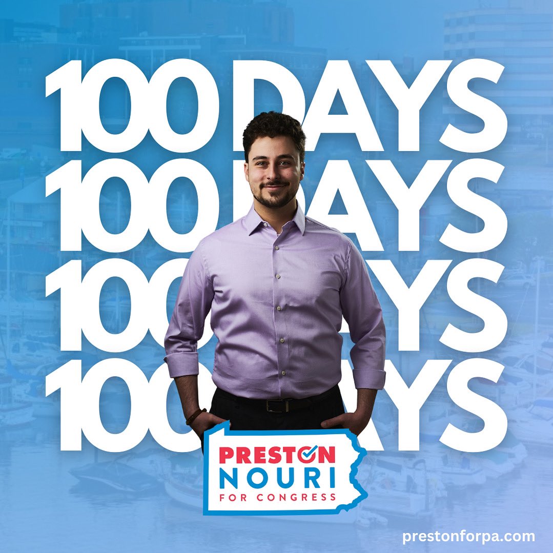 prestonforpa's tweet photo. 🚨 100 Days Until Election Day! 🚨
We’re in the final stretch of our campaign to bring fresh, bold leadership to Congress. Together, we can make history and create a brighter future for all. Join us on this journey—let’s win this together! 🌟
#NouriForCongress #100DaysToVictory https://t.co/P93OH0zRTW