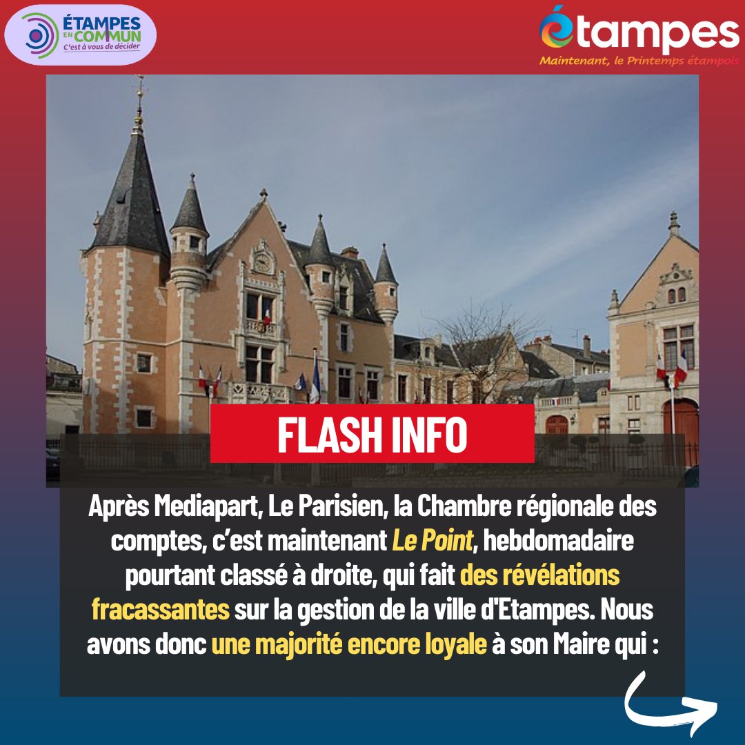 EtampesC's tweet photo. @LePoint fait des #révélations fracassantes sur la gestion d'#Etampes. Cette majorité se vautre plus que jamais dans le double-langage, en appliquant les pires pratiques clientélistes et anti-républicaines, tout en imposant une proximité affichée avec le RN ⤵️ (1/2)
#Essonne https://t.co/keCOs7aT5v
